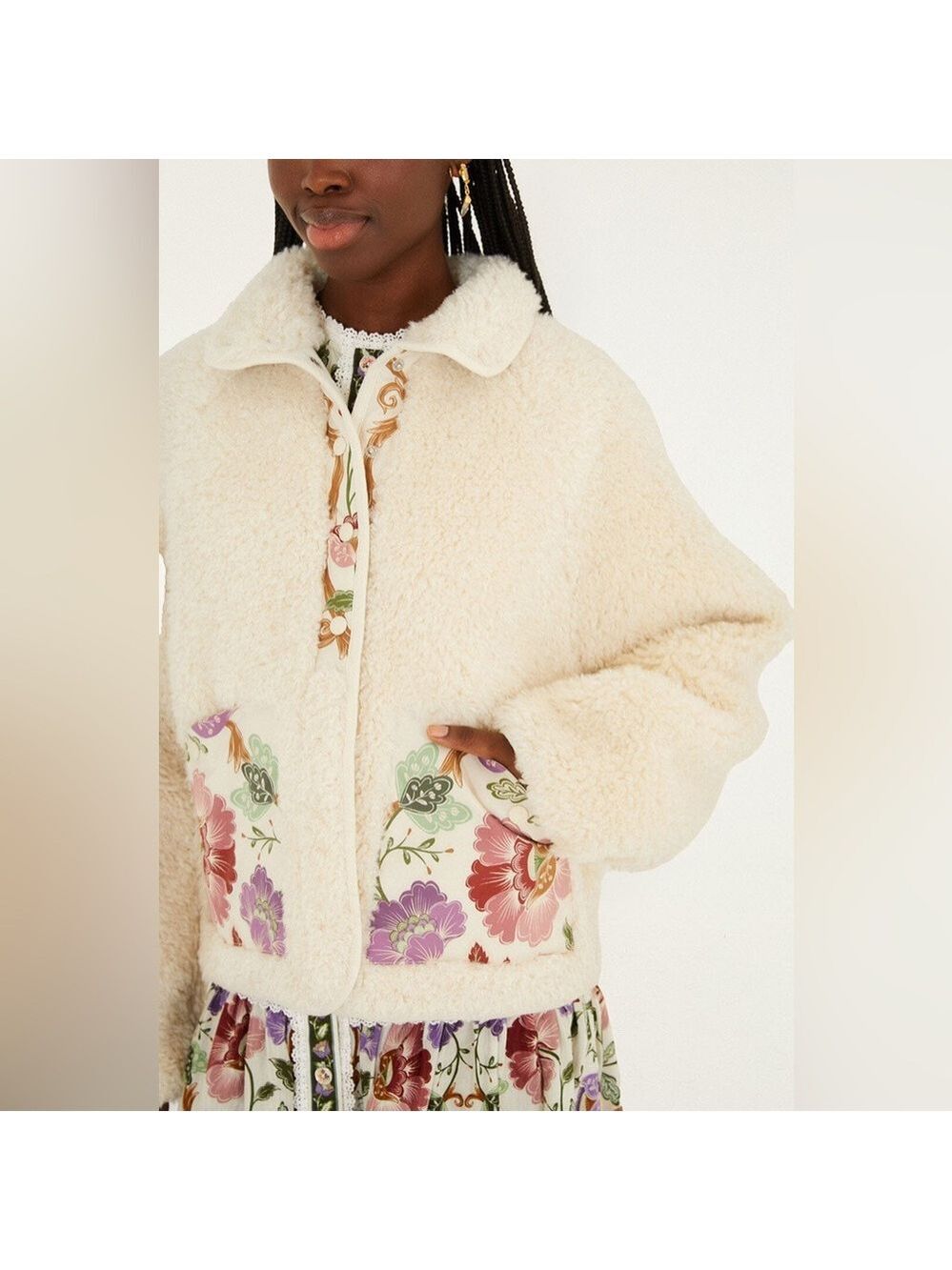 Farm Rio Cream Rococo Flowers Bomber Fleece Jacket - Picture 3 of 9